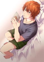 Rule 34 | 1boy, absurdres, bad id, bad pixiv id, bed, bed sheet, blush, bunmare, cellphone, highres, holding, holding phone, idolmaster, idolmaster side-m, implied masturbation, looking down, lying, male focus, on back, on bed, open mouth, orange hair, phone, pillow, smartphone, solo, sweatband, wakazato haruna