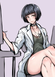 Rule 34 | 10s, 1girl, absurdres, black dress, black hair, blunt bangs, blush, breasts, brown eyes, cleavage, closed mouth, coat, collar, collarbone, crossed legs, doctor, dress, gggg, highres, jewelry, lab coat, looking at viewer, medium breasts, necklace, open clothes, open coat, parted lips, persona, persona 5, short hair, sitting, solo, takemi tae