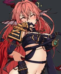 Rule 34 | 1girl, blush, breasts, dungeon and fighter, earrings, grey background, hand on own face, highres, horns, jewelry, knight (dungeon and fighter), large breasts, laughing, navel, pink hair, solo, sss (komojinos3), tickling, upper body