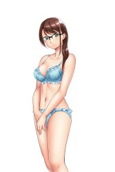 Rule 34 | 1girl, blue bra, blue eyes, blue panties, blush, bra, breasts, brown hair, cleavage, closed mouth, game cg, glasses, hyoui kanojo: tsukikano, legs, legs together, long hair, looking at viewer, medium breasts, nana g, navel, original, own hands together, panties, seguchi akiko, solo, thighs, transparent background, underwear