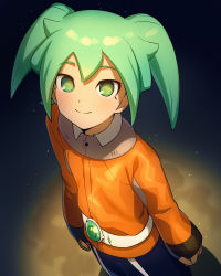 Rule 34 | 1boy, asada hachi, blue pants, closed mouth, commentary, fei rune, full moon, green eyes, green hair, highres, inazuma eleven (series), inazuma eleven go, inazuma eleven go chrono stone, jacket, long sleeves, looking at viewer, male focus, moon, orange jacket, pants, short hair, smile, solo, standing, twitter username, two side up, watermark