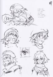 Rule 34 | .hack//, 1boy, character sheet, cyberconnect2, dagger, expressions, hat, highres, kite (.hack//), knife, male focus, medium hair, multiple views, official art, production art, sadamoto yoshiyuki, scan, traditional media, weapon