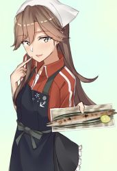 Rule 34 | anchor symbol, apron, arashio (kancolle), bad id, bad twitter id, black skirt, brown hair, commentary, fish, floral print, food, frilled skirt, frills, fruit, hair scarf, jacket, kantai collection, lime (fruit), long hair, pallad, plate, ribbon, short sleeves, simple background, skirt, solo, track jacket, yellow eyes