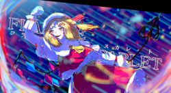 Rule 34 | 1girl, bandages, blonde hair, blurry, blurry background, blurry foreground, bow, chadntartist, character name, collar, colorful, crystal, decorations, flandre scarlet, frilled bonnet, frills, hair tie, halftone, highres, laevatein (touhou), mika pikazo (style), multicolored background, necktie, red shirt, red skirt, ribbon, shirt, skirt, touhou, white collar, wings, wristwear, yellow eyes