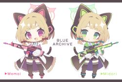 Rule 34 | 2girls, :d, :o, animal ear headphones, animal ears, black thighhighs, blonde hair, blue archive, blue necktie, bow, cat ear headphones, character name, chibi, commentary, copyright name, fake animal ears, full body, game development department (blue archive), green bow, green eyes, green halo, gun, hair bow, halo, headphones, highres, holding, holding gun, holding weapon, jacket, komano shia, letterboxed, midori (blue archive), momoi (blue archive), multicolored clothes, multicolored jacket, multiple girls, necktie, open mouth, pink bow, pink eyes, pink halo, siblings, simple background, sisters, smile, thighhighs, twins, weapon