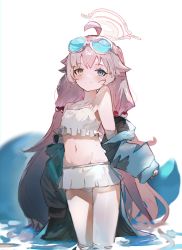 Rule 34 | 1girl, absurdres, ahoge, bare shoulders, bikini, blue-tinted eyewear, blue archive, blue eyes, blue jacket, brown eyes, closed mouth, collarbone, commentary request, eyewear on head, frilled bikini, frills, groin, hair bobbles, hair ornament, halo, heterochromia, highres, hoshino (blue archive), hoshino (swimsuit) (blue archive), jacket, long hair, low twintails, navel, off shoulder, open clothes, open jacket, pink hair, smile, solo, standing, sunglasses, swimsuit, tinted eyewear, tota (sizukurubiks), twintails, very long hair, water, white-framed eyewear, white background, white bikini