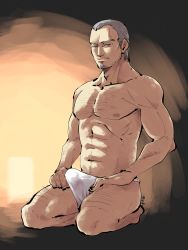 Rule 34 | 1boy, abs, bara, bulge, erection, erection under clothes, facial hair, fate/grand order, fate (series), full body, fundoshi, goatee, grey hair, highres, japanese clothes, large pectorals, male focus, male underwear, manly, muscular, navel, nipples, old, old man, pectorals, shirako (kirupi), short hair, simple background, smile, solo, topless male, underwear, white male underwear, yagyuu munenori (fate)