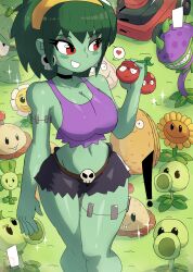 Rule 34 | 1girl, absurdres, belt, black shorts, blover (plants vs zombies), blush, breasts, brown belt, cherry, cherry bomb (plants vs zombies), choker, chomper (plants vs zombies), cleavage, clover, collarbone, colored skin, crossover, earrings, eating, flower, food, fruit, garlic, garlic (plants vs zombies), grass, green hair, green skin, grin, hairband, heart, highres, holding, holding food, jewelry, large breasts, lawnmower, marigold, marigold (plants vs zombies), midriff, navel, peashooter (pvz), plant, plants vs zombies, potato, potato mine (plants vs zombies), purple shirt, red eyes, repeater (plants vs zombies), rottytops, shantae (series), shirt, short hair, short shorts, shorts, skull, skull earrings, smile, sparkle, speech bubble, spoken heart, squash, squash (plants vs zombies), standing, stitches, sunflower, sunflower (plants vs zombies), tank top, teeth, thick thighs, thighs, tony welt, venus flytrap, wall-nut (plants vs zombies), walnut, wayforward, zombie
