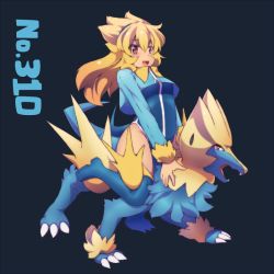 Rule 34 | 1girl, :d, blonde hair, blush, boots, creature, creatures (company), floating hair, game freak, gen 3 pokemon, kuromiya, long hair, manectric, moemon, monster, nintendo, open mouth, personification, pokedex number, pokemon, pokemon (creature), smile, spread legs, straddling, thigh boots, thighhighs