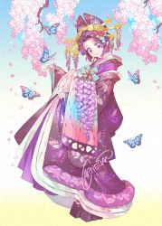 Rule 34 | 1girl, animal print, artist name, blush, bow, bug, butterfly, butterfly print, carnelian, cherry blossoms, expressionless, flower, from side, full body, hair bow, hair flower, hair ornament, headdress, insect, japanese clothes, kanzashi, kimetsu no yaiba, kimono, kochou shinobu, layered clothes, layered kimono, looking at viewer, name connection, petals, pink flower, platform clogs, purple eyes, purple hair, purple lips, solo, standing, wisteria