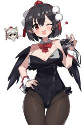 Rule 34 | 2girls, ;d, absurdres, alternate costume, bad id, bad pixiv id, bare arms, bare shoulders, black hair, black leotard, black wings, blush, bow, bowtie, breasts, brown legwear, camera, cleavage, cowboy shot, detached collar, feathered wings, hand on own hip, hat, highres, holding, holding camera, inset, large breasts, leotard, looking at viewer, multiple girls, nontraditional playboy bunny, one eye closed, open mouth, pantyhose, playboy bunny, pointy ears, pom pom (clothes), red bow, red eyes, red headwear, red neckwear, sakaki (utigi), shameimaru aya, short hair, silver hair, simple background, smile, solo focus, star (symbol), strapless, strapless leotard, tassel, thigh gap, tokin hat, touhou, v-shaped eyebrows, white background, wings, wrist cuffs