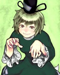 Rule 34 | 1girl, breasts, dress, envenomist (gengoroumaru), eyebrows, ghost, ghost tail, green dress, green eyes, green hair, hat, looking at viewer, matching hair/eyes, open mouth, outstretched arms, red eyes, short hair, simple background, smile, soga no tojiko, solo, tate eboshi, touhou, zombie pose