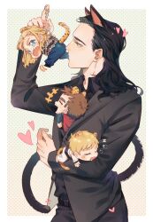 Rule 34 | +++, 4boys, animal ears, animification, armor, barefoot, beard, belt, black belt, black footwear, black hair, black jacket, black necktie, black pants, black shirt, blonde hair, blue eyes, blue pants, blush, border, braid, brothers, brown hair, buttons, cape, cat ears, cat tail, chain, chained, chibi, closed eyes, closed mouth, collared shirt, drooling, facial hair, fang, fingernails, formal, french braid, gold chain, gradient background, green eyes, grey background, grey hoodie, hand up, heart, highres, hood, hoodie, jacket, kemonomimi mode, lapels, loki (marvel), long hair, long sleeves, looking at another, lying, male focus, marvel, marvel cinematic universe, medium hair, multiple boys, multiple persona, necktie, on stomach, open mouth, outside border, pants, pink background, polka dot, polka dot background, puffy long sleeves, puffy sleeves, red cape, shirt, shoes, short hair, shoulder armor, siblings, skin fang, sleeping, smile, standing, suit, tail, thor: ragnarok, thor (marvel), tiger ears, tiger tail, uniiii, v-shaped eyebrows, white border, white pants, white shirt, zzz