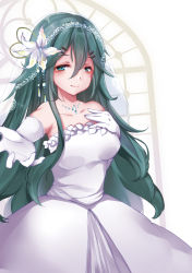 Rule 34 | 10s, 1girl, alternate costume, aqua eyes, bare shoulders, blush, breasts, bridal veil, collarbone, cowboy shot, dress, elbow gloves, flower, gloves, green hair, hair between eyes, hair ornament, hairclip, hand on own chest, highres, jewelry, kantai collection, lily (flower), long hair, looking at viewer, medium breasts, necklace, nonkomu (furiten5553), off-shoulder dress, off shoulder, reaching, reaching towards viewer, see-through, smile, solo, strapless, strapless dress, veil, wedding dress, white dress, white gloves, yamakaze (kancolle)