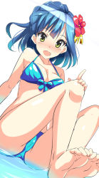 Rule 34 | 10s, 1girl, ass, barefoot, bikini, blue hair, blush, breasts, dutch angle, feet, feet together, flower, hair flower, hair ornament, halterneck, highres, idolmaster, idolmaster million live!, looking at viewer, medium breasts, nanao yuriko, natsu (anta tte hitoha), open mouth, short hair, sketch, smile, soles, solo, swimsuit, toes, yellow eyes