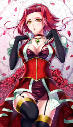 Rule 34 | 1girl, breasts, choker, cleavage, corset, elbow gloves, fingerless gloves, garter straps, gloves, izayoi aki, jewelry, large breasts, matsurika youko, necklace, panties, parted lips, puffy sleeves, red hair, solo, thighhighs, underwear, yellow eyes, yu-gi-oh!, yu-gi-oh! 5d&#039;s