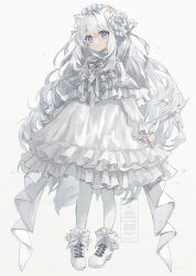 Rule 34 | 1girl, animal ears, blue eyes, bow, cat ears, dress, flower, hair flower, hair ornament, layered dress, looking at viewer, original, pantyhose, rose, shiromine kana, smile, solo, watermark, white bow, white dress, white flower, white footwear, white hair, white pantyhose, white rose