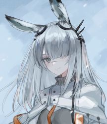 Rule 34 | 1girl, animal ear fluff, animal ears, arknights, rabbit ears, closed mouth, coat, frostnova (arknights), grey eyes, grey hair, hair ornament, hairclip, highres, long hair, looking at viewer, outdoors, rabbit girl, scar, scar on face, scar on nose, simple background, smile, snow, solo, spacelongcat, upper body, white coat