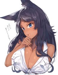 Rule 34 | 1girl, :d, animal ear fluff, animal ears, bad id, bad pixiv id, bare arms, bare shoulders, black hair, blue eyes, breast pocket, breasts, cleavage, collarbone, commentary request, dark-skinned female, dark skin, hand on own chin, hand up, head tilt, large breasts, long hair, looking at viewer, open mouth, original, pocket, shirt, simple background, sleeveless, sleeveless shirt, smile, solo, suminagashi, tied shirt, translation request, upper body, white background, white shirt, wolf ears