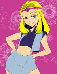 Rule 34 | 1girl, artist request, blonde hair, blue eyes, circlet, come hither, looking at viewer, midriff, navel, nintendo, pointy ears, princess zelda, skirt, smile, solo, the legend of zelda, the legend of zelda (cd-i), vest, zelda: the wand of gamelon