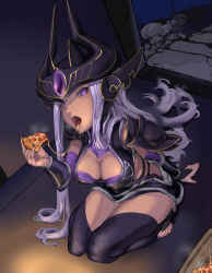 Rule 34 | 1girl, armor, barefoot, breasts, cheese trail, cleavage, ear protection, female focus, food, forehead jewel, forehead protector, helmet, highres, kumiko shiba, large breasts, league of legends, long hair, nail polish, open mouth, pauldrons, pizza, purple eyes, shoulder armor, silver hair, solo, syndra, toeless legwear, toenail polish, toenails, toes, tongue, vambraces, very long hair