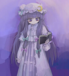 Rule 34 | 1girl, bags under eyes, blue bow, book, bow, bun cover, double bun, dress, frown, hair bow, hair bun, hat, highres, holding, holding book, long hair, long sleeves, mob cap, patchouli knowledge, purple dress, purple eyes, purple hair, purple hat, red bow, reverinth, robe, solo, striped clothes, striped dress, touhou, vertical-striped clothes, vertical-striped dress, very long hair