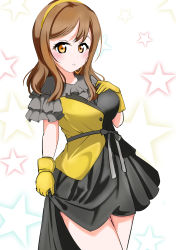 Rule 34 | 1girl, absurdres, artist name, artist request, bare legs, black bow, black dress, blush, bow, breasts, brown eyes, brown hair, dress, earrings, female focus, frilled dress, frilled sleeves, frills, gloves, grey bow, hair between eyes, hairband, hand on own chest, highres, himitsu no story (love live!), holding, holding clothes, holding skirt, in the dark (love live!), jewelry, kunikida hanamaru, layered skirt, light brown hair, long hair, looking at viewer, love live!, love live! school idol festival, love live! sunshine!!, medium breasts, miniskirt, parted lips, plaid, plaid dress, plaid skirt, pleated, pleated dress, pleated skirt, short sleeves, shorts, shorts under dress, shorts under skirt, skirt, smile, solo, star (symbol), the secret story (love live!), two-tone dress, white background, yellow dress, yellow eyes, yellow gloves, yellow hairband