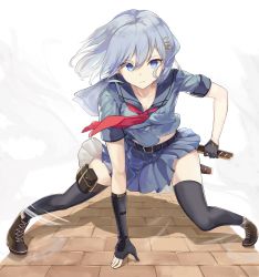 Rule 34 | 1girl, arm support, asymmetrical gloves, belt, black footwear, black gloves, black thighhighs, blue eyes, blue shirt, blue skirt, boots, breasts, cleavage, collarbone, fingerless gloves, floating hair, full body, gloves, hair between eyes, hair ornament, hand on hilt, looking at viewer, miniskirt, mosta (lo1777789), neckerchief, original, pleated skirt, red neckerchief, sailor collar, shirt, short hair, short sleeves, silver hair, skirt, small breasts, solo, thighhighs, uneven gloves