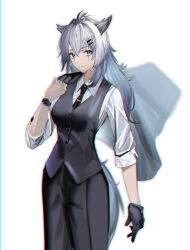 Rule 34 | 1girl, absurdres, animal ears, aqua eyes, arknights, black gloves, black jacket, black necktie, black pants, black vest, closed mouth, collared shirt, cowboy shot, eugle na, formal, gloves, grey hair, highres, jacket, jacket over shoulder, lappland (arknights), long hair, long sleeves, looking at viewer, material growth, necktie, oripathy lesion (arknights), pants, scar, scar on face, shirt, smile, solo, tail, unworn jacket, vest, watch, white shirt, wolf ears, wolf girl, wolf tail, wristwatch