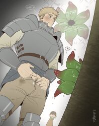Rule 34 | 2boys, armor, bara, blank stare, blonde hair, blush, breath, chilchuck tims, doodlefish, dungeon meshi, highres, laios thorden, male focus, male pubic hair, multiple boys, perspective, pervert, plant, plate armor, pubic hair, short hair, slimy, solo focus, standing, thick eyebrows, thought bubble, translation request, undressing