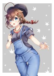 Rule 34 | 1girl, ahoge, alternate costume, baseball cap, black hat, blue eyes, blue overalls, blush, bow, braid, breast pocket, breasts, brown hair, grey background, grey shirt, hair between eyes, hair bow, hair flaps, hair ornament, hat, head tilt, huge ahoge, kantai collection, layered clothes, leaf, long hair, looking at viewer, maple leaf, mashiro aa, medium breasts, open mouth, outside border, overalls, pocket, red bow, shigure (kancolle), shigure kai ni (kancolle), shirt, short sleeves, side braid, simple background, single braid, solo, strap slip, two-tone background, white background, wristband