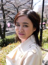 Rule 34 | 1girl, blurry, blurry background, brown eyes, brown hair, day, female focus, japanese (nationality), looking at viewer, medium hair, mole, outdoors, photo (medium), smile, solo, upper body, yoshikawa aimi