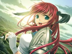 Rule 34 | 1girl, :d, armor, backlighting, black feathers, blue eyes, breasts, cloud, day, eternity sword series, feather hair ornament, feathers, fingerless gloves, floating hair, game cg, gloves, hair ornament, ikaruga satsuki, long hair, masaharu, medium breasts, open mouth, outdoors, red hair, seinarukana, shoulder armor, smile, solo, upper body, white gloves