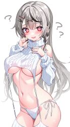 Rule 34 | 1girl, ?, @ @, absurdres, alternate costume, bare shoulders, black hair, blush, braid, breasts, cable knit, cowboy shot, crop top, detached sleeves, ear piercing, embarrassed, eneru (enepuni), fang, garter straps, grey hair, hair ornament, hands up, highres, hololive, large breasts, long hair, long sleeves, looking at viewer, meme attire, multicolored hair, nail polish, navel, no bra, open mouth, panties, piercing, red eyes, red nails, ribbed panties, ribbed sleeves, ribbed sweater, sakamata chloe, side-tie panties, sideboob, single braid, skindentation, sleeveless, sleeveless turtleneck, smile, solo, standing, stomach, streaked hair, string panties, sweat, sweatdrop, sweater, thighhighs, thighs, turtleneck, underboob, underwear, very long hair, virgin destroyer sweater, virtual youtuber, white background, white hair, white panties, white sleeves, white sweater, white thighhighs, x hair ornament