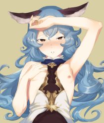 Rule 34 | 10s, 1girl, animal ears, arm at side, armpits, blue hair, blush, breasts, breasts out, brown hair, erune, ferry (granblue fantasy), flat chest, granblue fantasy, hand on forehead, lips, long hair, looking at viewer, nipples, parted lips, rabbit ears, solo, sunao (souis), upper body, very long hair, wavy hair
