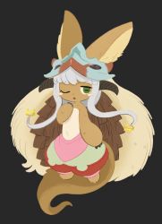 Rule 34 | 1other, animal ears, bad id, bad pixiv id, black background, blush stickers, body fur, chestnut mouth, claws, commentary request, ears through headwear, facial mark, full body, furry, green eyes, helmet, highres, horizontal pupils, long hair, made in abyss, nanachi (made in abyss), one eye closed, open mouth, orca (kuroorcas), pants, puffy pants, rabbit ears, sidelocks, simple background, solo, tail, very long hair, whisker markings, white hair