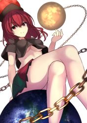 Rule 34 | 1girl, black shirt, breasts, chain, commentary request, crop top, crop top overhang, crossed legs, earth (ornament), hecatia lapislazuli, janne cherry, legs, long hair, looking at viewer, miniskirt, moon (ornament), multicolored clothes, multicolored skirt, red eyes, red hair, shirt, sitting, skirt, smile, smug, solo, touhou, underboob