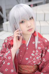 Rule 34 | braid, cosplay, highres, japanese clothes, kimono, nobara, photo (medium), ren (model), silver hair, twin braids