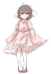 Rule 34 | 1girl, ahoge, animal ears, bad id, bad twitter id, blush, brown hair, carrot necklace, closed mouth, dress, full body, highres, inaba tewi, jewelry, long sleeves, looking at viewer, necklace, pink dress, rabbit ears, red eyes, sandals, short hair, simple background, sleeves past fingers, sleeves past wrists, solo, thighhighs, touhou, tsukiori, white background, white thighhighs