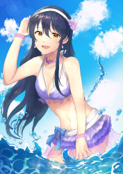 Rule 34 | 1girl, absurdres, arm up, artist request, bangle, bikini, blue hair, bracelet, cowboy shot, day, earrings, flower, gradient clothes, hand in own hair, hibiscus, highres, jewelry, long hair, looking at viewer, love live!, love live! school idol project, natsuiro egao de 1 2 jump!, navel, necklace, ocean, open mouth, outdoors, ribbon, sky, smile, solo, sonoda umi, standing, swept bangs, swimsuit, wading, water, yellow eyes