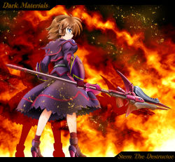 Rule 34 | 1girl, blue eyes, brown hair, characetr name, character name, dress, fingerless gloves, fire, from behind, gloves, kiriko (takitsubo massage), long sleeves, luciferion, lyrical nanoha, magical girl, mahou shoujo lyrical nanoha, mahou shoujo lyrical nanoha a&#039;s, mahou shoujo lyrical nanoha a&#039;s portable: the battle of aces, stern the destructor, puffy sleeves, short hair, solo