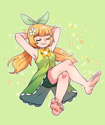 Rule 34 | 1girl, barefoot, blonde hair, closed eyes, crossed legs, feet, highres, long hair, low twintails, smile, soles, toes, trickcal, twintails