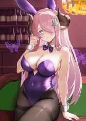 Rule 34 | 1girl, animal ears, bare shoulders, blue eyes, blurry, blurry background, blush, bow, bowtie, braid, breasts, bug, butterfly, cleavage, collarbone, commentary request, covered navel, cowboy shot, detached collar, draph, fake animal ears, granblue fantasy, groin, hair ornament, hair over one eye, highres, hilda sakura, horns, insect, large breasts, leotard, long hair, looking at viewer, nail polish, narmaya (granblue fantasy), pantyhose, pink hair, playboy bunny, pointy ears, purple bow, purple butterfly, purple leotard, purple nails, rabbit ears, rabbit hair ornament, solo, strapless, strapless leotard, thighband pantyhose, very long hair, wrist cuffs