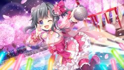 Rule 34 | 1girl, audience, black hair, blue eyes, bow, breasts, cherry blossoms, cherry tree, concert, dot nose, dutch angle, film grain, flower, game cg, glowstick, hair bow, hair flower, hair ornament, hand up, high heels, holding, holding microphone, itsumura yukari, izumi tsubasu, japanese clothes, kimono, layered skirt, lens flare, lolita fashion, medium hair, microphone, night, night sky, non-web source, official art, one eye closed, open mouth, outdoors, outstretched arm, pink bow, pink flower, pink kimono, pink skirt, purple thighhighs, railing, re:stage!, skirt, sky, small breasts, smile, solo, sparkle, stage, stage lights, standing, standing on one leg, thighhighs, tree, twintails, wa lolita, water