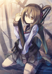 Rule 34 | 10s, 1girl, brown eyes, brown hair, cannon, fal maro, folded ponytail, highres, inazuma (kancolle), kantai collection, neckerchief, one side up, personification, school uniform, serafuku, shirt, sitting, skirt, solo, wariza, water