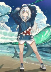 Rule 34 | 1girl, animal hood, arm up, beach, blue eyes, blue hair, blue hoodie, cloud, cloudy sky, fadingz, fins, fish tail, gawr gura, gawr gura (1st costume), grey hair, highres, hololive, hololive english, hood, hoodie, looking at viewer, multicolored hair, ocean, shark girl, shark hood, shark tail, shoes, sky, sneakers, solo, streaked hair, tail, virtual youtuber, waving, wide sleeves