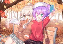 Rule 34 | 2girls, alternate costume, autumn leaves, ayanami (azur lane), azur lane, bag, bench, beret, black ribbon, black skirt, blouse, blue skirt, blurry, blurry background, blush, breasts, brown jacket, cellphone, collared shirt, commentary request, contemporary, covered mouth, depth of field, floating hair, food, ginkgo tree, ginkgo leaf, green eyes, hair between eyes, hat, high ponytail, highres, holding, holding food, holding phone, jacket, javelin (azur lane), leaf, light brown hair, long hair, long sleeves, looking at viewer, maple leaf, medium breasts, multiple girls, neck ribbon, on bench, park bench, phone, plaid, plaid skirt, pleated skirt, ponytail, purple hair, red shirt, ribbon, shirt, shoulder bag, sitting, skirt, sleeves past wrists, t@ke-g, taking picture, tree, very long hair, white headwear, white shirt