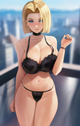 Rule 34 | 1girl, android 18, black collar, blonde hair, blue eyes, bra, breasts, city, city background, cityscape, cleavage, collar, curvy, dragon ball, dragonball z, highres, huge breasts, large breasts, loodncrood, narrow waist, outdoors, panties, short hair, shounen jump, thick thighs, thighs, underwear, wide hips
