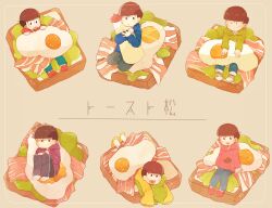 Rule 34 | 6+boys, :&lt;, bacon, blue eyes, bowl cut, bread, brothers, brown hair, constricted pupils, food, fried egg, full body, half-closed eyes, heart, heart in mouth, hood, hoodie, jitome, knees up, lettuce, long sleeves, lying, male focus, matsuno choromatsu, matsuno ichimatsu, matsuno jyushimatsu, matsuno karamatsu, matsuno osomatsu, matsuno todomatsu, mayonnaise, mayonnaise bottle, messy hair, mini person, miniboy, multiple boys, on food, on stomach, open mouth, osomatsu-san, osomatsu (series), pants, pink eyes, ponponzutea, red eyes, shoes, short hair, siblings, sitting, sitting on food, sleeves past fingers, sleeves past wrists, slippers, smile, sneakers, socks, translation request, v-shaped eyebrows