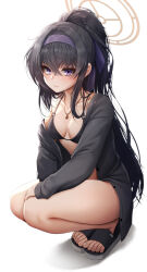 Rule 34 | 1girl, absurdres, bare legs, bikini, black bikini, black hair, black shirt, blue archive, closed mouth, collarbone, commentary, crossed bangs, doyoon 7, full body, hairband, halo, high ponytail, highres, jewelry, long hair, looking at viewer, off shoulder, open clothes, open shirt, pendant, purple eyes, purple hairband, sandals, shirt, simple background, single bare shoulder, solo, squatting, swimsuit, thighs, toes, ui (blue archive), ui (swimsuit) (blue archive), wet, wet hair, white background